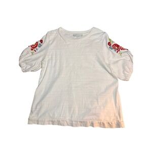 LOFT White Floral Embroidered Puff Sleeve Cotton Slub Knit Top Large Spring